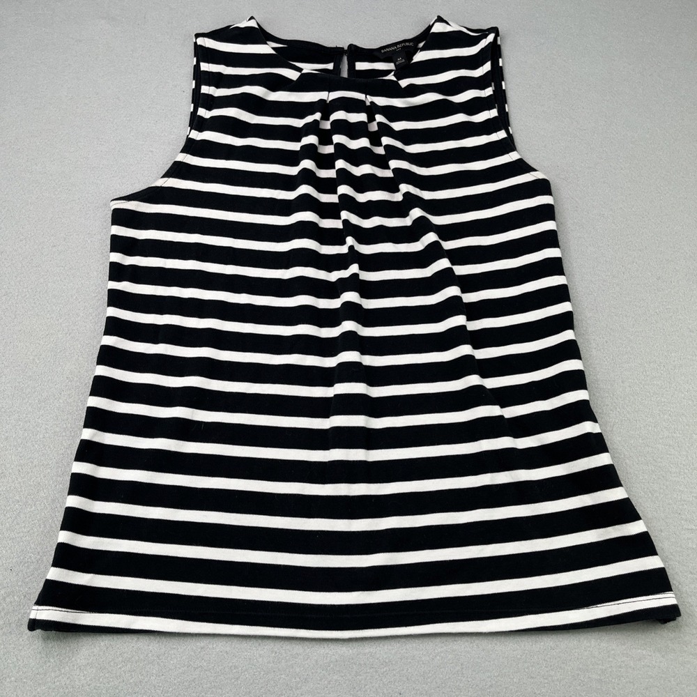Banana Republic Women's Medium Striped Tank Top Sleeveless Pleated Black White